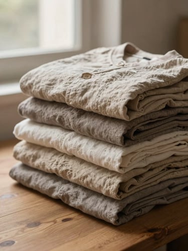 A neat pile of folded high-quality linen garments in beige and soft taupe tones, sitting on a clean wooden table in a sunlit workshop, muted earth tones, editorial fashion photography