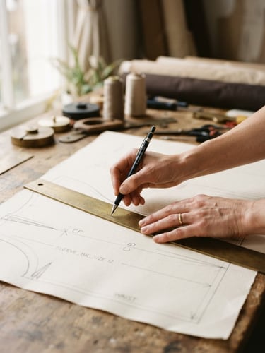 Close-up of professional hands drafting a garment pattern on thick cream paper with a brass ruler under soft morning window light, warm editorial photography, 35mm