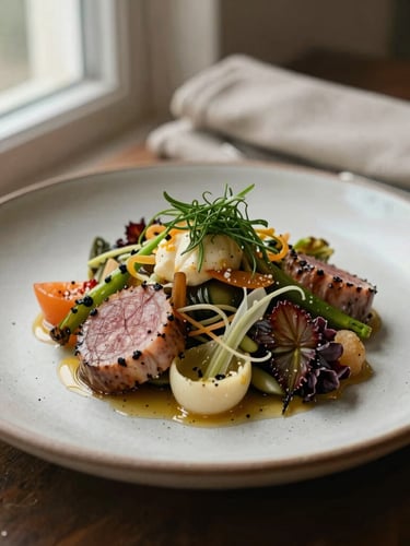 A close-up of a beautifully plated seasonal dish with natural imperfections on a rustic ceramic plate, soft natural light from a side window, warm linen napkin in the background.