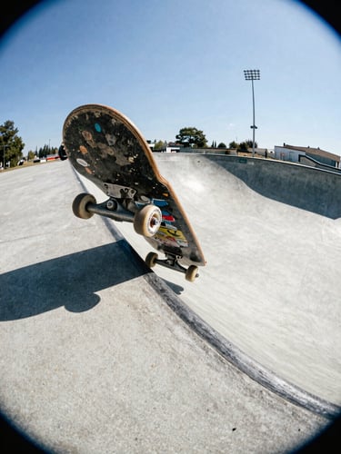 Low-angle fisheye shot of a skater grinding a raw concrete pool edge, harsh sunlight, worn skateboard trucks, 35mm film grain.