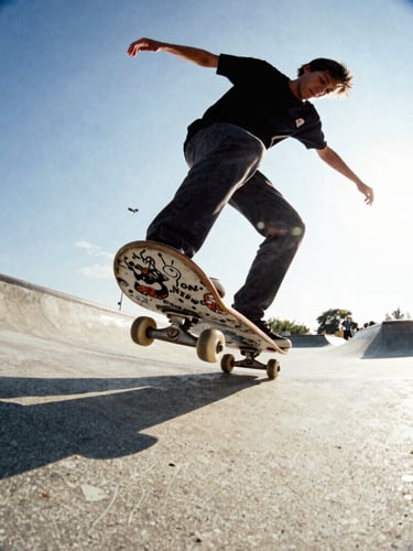 Low-angle fisheye shot of a skater grinding a raw concrete ledge under harsh midday sun, motion blur, 35mm film grain.