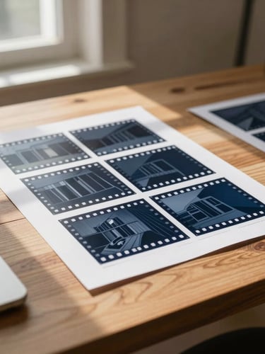 Sharp architectural workspace with physical media proofs on a heavy oak table, warm natural window light casting soft shadows, 35mm film style.