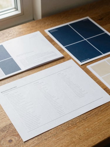 Overhead flat-lay of printed brand guidelines, physical media proofs, and swatches on a warm oak table, natural window light, sharp focus, 35mm film