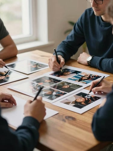 A warm editorial photograph of a collaborative strategic session around a wooden table with physical media proofs, soft natural window light, 35mm film.