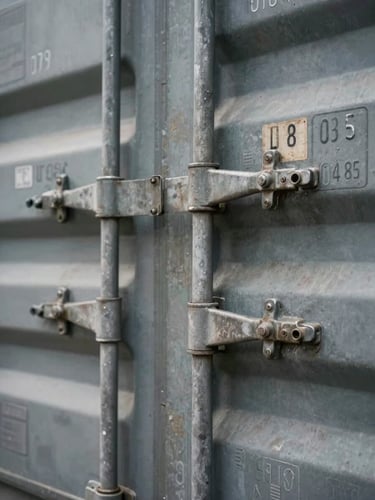 A close-up of a heavy steel shipping container latch under sharp industrial overhead lighting, showing technical serial numbers and customs stamps.
