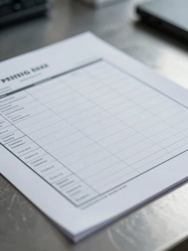 Macro close-up of a shipping manifest document with architectural grid lines, resting on a steel desk under cool, high-contrast office lighting.