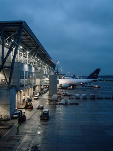 Wide-angle architectural shot of a modern cargo terminal at blue hour, cargo plane tail visible on the tarmac, crisp industrial lighting, deep navy tones.