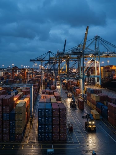 Wide-angle environmental shot of a modern cargo terminal at cool blue hour, towering stacks of shipping containers, sharp architectural grid lines, industrial lighting.