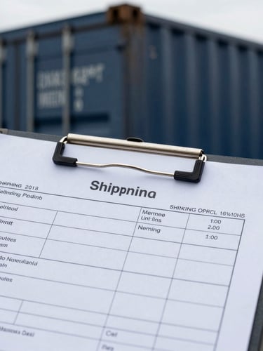 Macro close-up of a shipping manifest printout on a clipboard, steel cargo container textures in the background, sharp focus, cool overcast daylight.