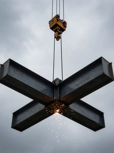 Dramatic low-angle shot of massive industrial steel beams being hoisted by a heavy crane against a dramatic overcast sky, high contrast, sharp focus, raw steel textures, 35mm lens.