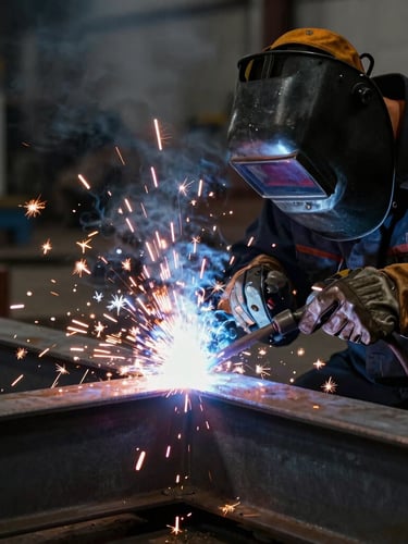Close-up of intense welding sparks flying from a heavy steel beam, a certified welder in dark protective gear, dramatic industrial lighting, sharp focus, 35mm lens