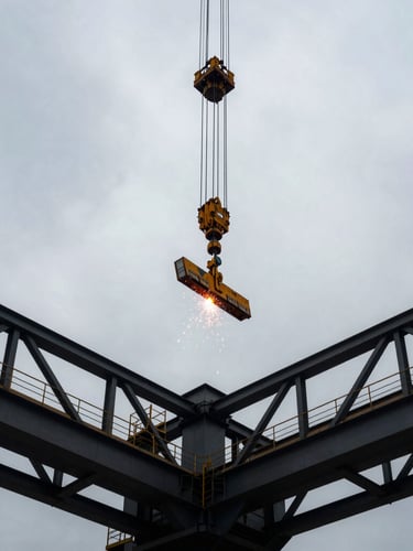 Dramatic low-angle shot of massive industrial steel structures being hoisted by a heavy crane against an overcast gray sky, sharp focus, 35mm lens.