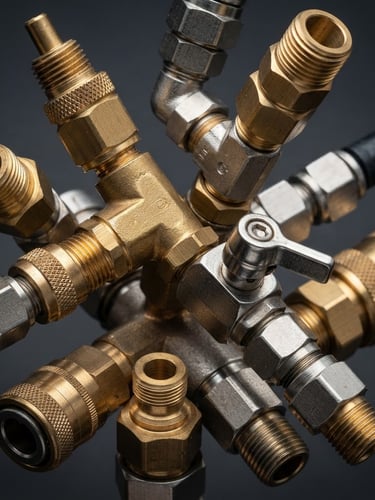 sharp technical product photography of brass pneumatic fittings, high-contrast studio lighting, metallic details, clean dark grey background, macro