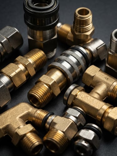 Sharp technical product photography of brass pneumatic fittings on a clean dark grey background, high-contrast studio lighting, metallic details