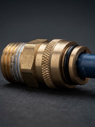 Sharp technical product photography of a brass pneumatic fitting on a dark grey background, studio lighting, macro shot of threads and tube connection