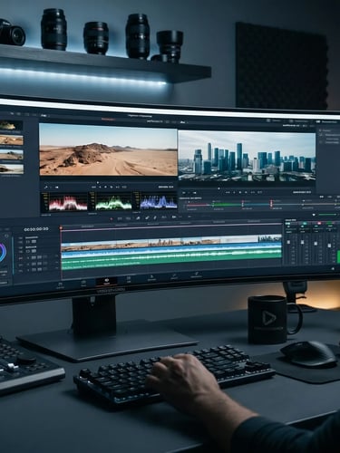 Professional video editor using DaVinci Resolve on a curved ultrawide monitor for color grading.