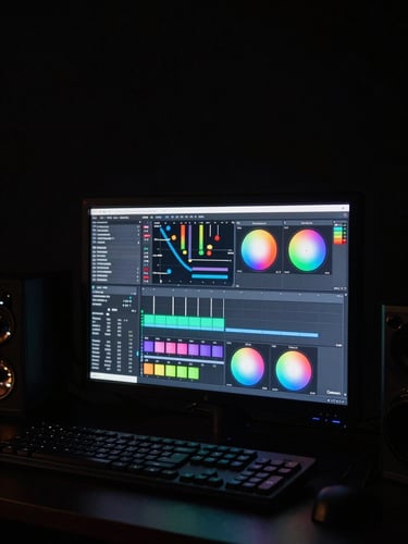 Low-key dramatic studio shot of a professional color-grading monitor glowing in a pitch-black editing bay, color wheels visible on screen