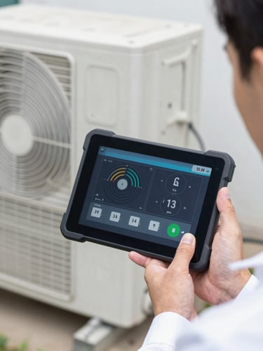 Close-up of a technician's hands holding a digital diagnostic tablet displaying temperature readings and airflow pressure next to an AC unit, bright daylight, clean crisp focus