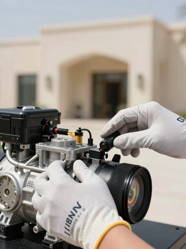 Close-up of technical hands wearing clean branded gloves adjusting a modern AC compressor unit, bright crisp daylight, Riyadh luxury villa exterior blurred in background.