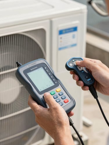 Close-up of technical hands using digital diagnostic tools on a modern clean outdoor AC condenser unit, daylight, high-contrast, professional engineering aesthetic.