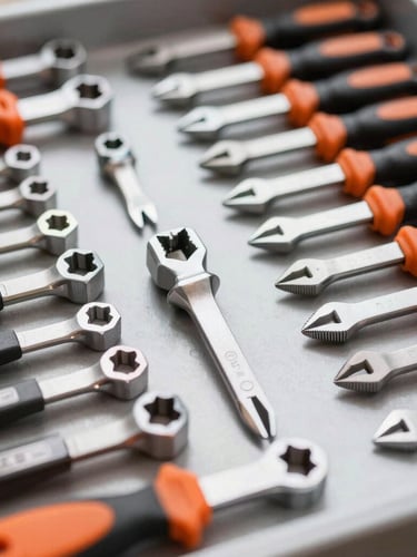 Organized industrial toolbox with clean metallic tools laid out in order, safety orange accents on the handles, high-contrast daylight, sharp focus on textures
