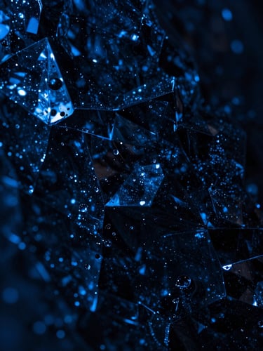 Macro close-up of dark refracted glass-morphism textures, cool electric indigo backlighting, sharp contrasts, high-fidelity studio lighting, 50mm lens