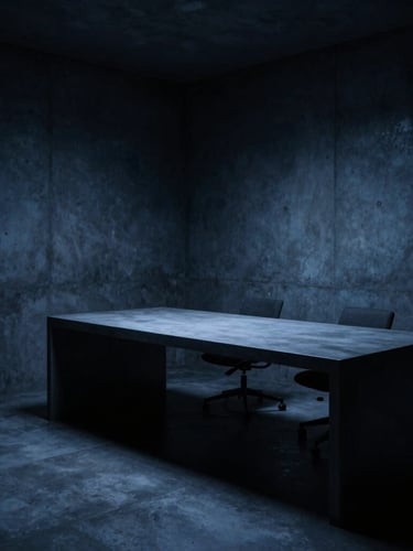 Moody architectural workspace with clean lines, dark concrete, minimal furniture under focused studio lighting, 50mm lens, dark cinematic style