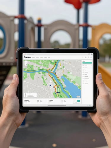 Straight-on structured view of a rugged digital tablet displaying a GIS mapping database, held by a hand in front of clean, modern municipal playground equipment, neutral daylight.