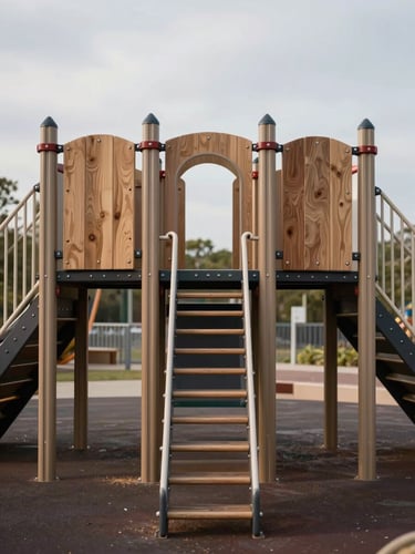 Straight-on, structured, architectural view of a modern public playground with steel joints and timber connections, neutral daylight, overcast sky, high-quality technical detail.
