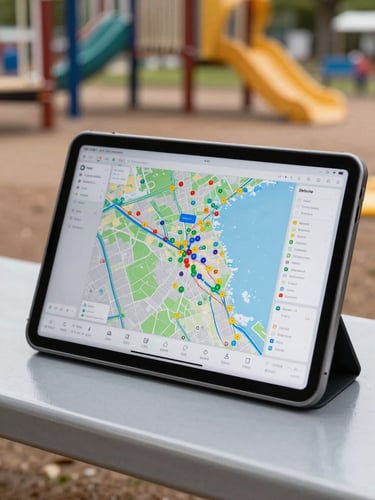 Nahaufnahme eines robusten digitalen Tablets vor Ort auf einem Spielplatz, auf dem Bildschirm ist eine detaillierte GIS-Karte mit farbigen Markierungspunkten zu sehen, neutrales Tageslicht