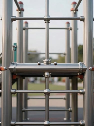 Straight-on architectural view of a modern public playground, focusing on a high-quality stainless steel climbing structure joint, overcast daylight, clean and structured composition.