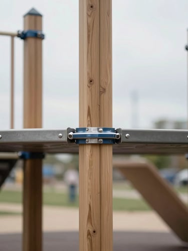 Straight-on level architectural shot of a modern public playground, focusing on a clean steel joint connection and timber post, bright neutral overcast daylight, structured composition.