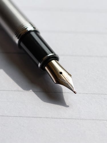 Strict eye-level macro close-up of a fountain pen resting on heavy, textured legal paper stock, sharp directional shadows, cool daylight.