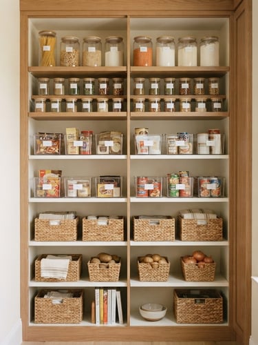 Bright editorial photography of a perfectly organized kitchen pantry, soft natural Florida daylight, warm neutral tones, clean symmetrical composition, 35mm