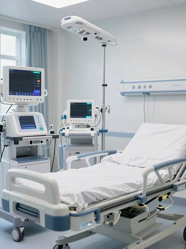 Inside a high-tech modern mobile intensive care unit (UTI móvel), clean clinical medical equipment, glowing monitors, sterile interior, bright clinical lighting