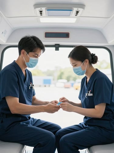 A professional doctor and nurse in clean navy uniforms checking equipment inside a brightly lit mobile ICU cabin, soft interior lighting, sharp focus, humanized care.