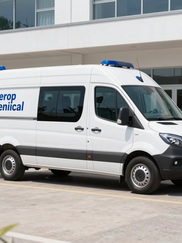 Side view of a modern clean ambulance parked outside a clinical facility, bright natural daylight, crisp navy blue branding visible, professional editorial medical style.