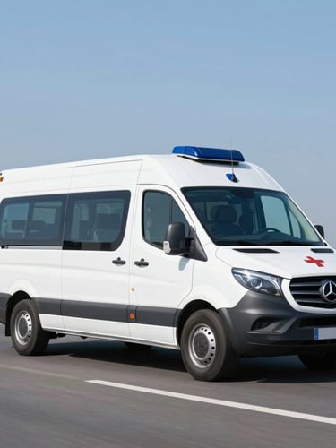 Side view of a modern clinical ambulance driving on a clean highway, bright natural daylight, professional medical photography style, sharp focus
