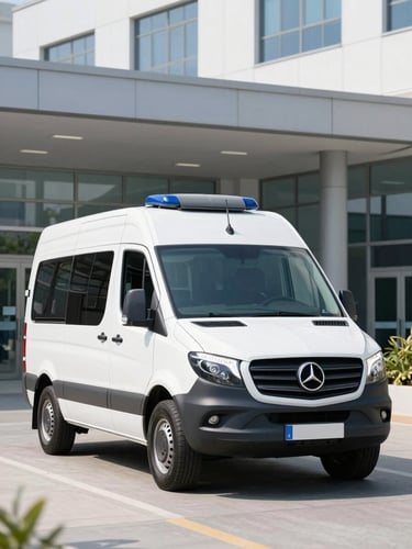 Modern Mercedes-Benz ambulance exterior parked in front of a clean, modern hospital entrance, bright daylight, professional clinical photography