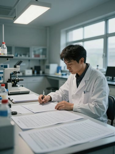 Wide documentary frame, researcher seated at a laboratory bench under overhead fluorescent and natural window light, papers and data printouts spread across the desk surface, hands resting on open documents, lab environment visible in background, muted cool tones