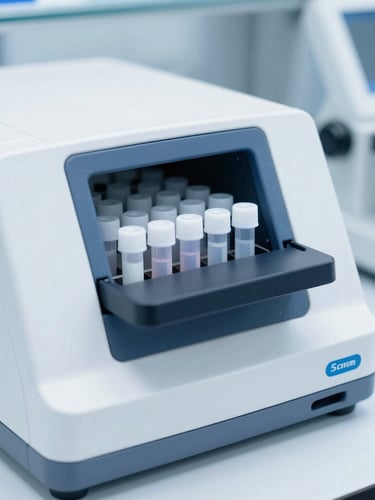 Crisp clinical photography of high-tech molecular PCR testing equipment in a sterile laboratory, bright white daylight, cool blue tones, sharp macro focus on specimen vials, 50mm