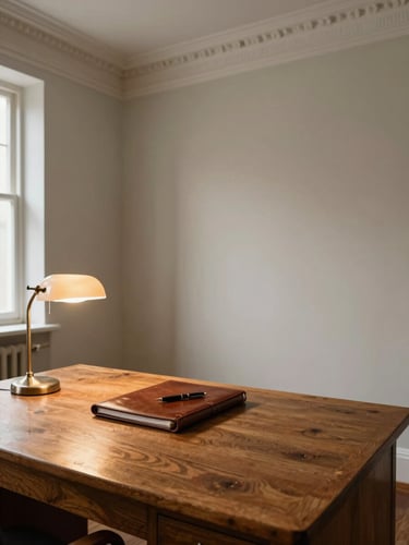 Panoramic view of an empty private office anteroom, aged oak desk with a closed leather-bound dossier and a fountain pen resting on top, warm tungsten reading lamp illuminating the desk surface, high plaster ceiling with classical cornice detail, no people, soft north-facing daylight from an unseen window