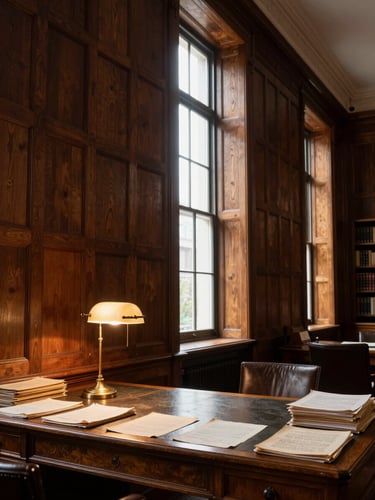 Wide vertical interior of a high-ceilinged private reading room, tall oak-panelled walls receding to the right, a single brass reading lamp casting warm tungsten light on a leather-topped desk, aged document folios stacked at the edge of the desk, deep institutional shadows filling the upper corners, north-facing daylight entering through a narrow off-centre window, no people