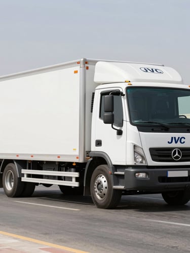 Wide shot of a pristine Gulf Link moving truck parked in JVC Dubai, bright natural daylight, clean editorial photography style, 35mm lens