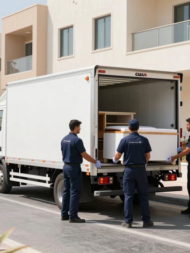 A clean, modern Gulf Link moving truck parked on a sunlit street in Jumeirah Village Circle, professional crew members in neat navy uniforms systematically loading protected furniture, bright natural daylight, crisp high-contrast colors.