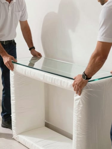 Close-up of professional movers in clean uniforms carefully wrapping a fragile glass console table with thick protective padding, bright natural Dubai sunlight