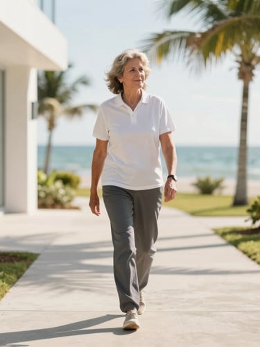 A bright, sunlit coastal outdoor scene in Florida, a professional active adult walking along a concrete path, warm morning sunlight, shallow depth of field, clean modern composition.
