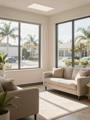 A clean, modern health consulting room in Boynton Beach with large windows, bright Florida morning sunlight casting soft shadows on comfortable seating and minimalist decor.