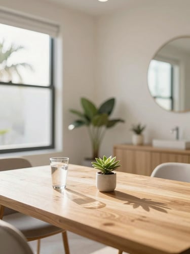 Wide environmental shot of a sunlit modern wellness consulting room in Boynton Beach, bright morning Florida sunlight casting soft warm shadows, clean oak table with a glass of water and a small botanical plant, shallow depth of field, warm editorial photography style.