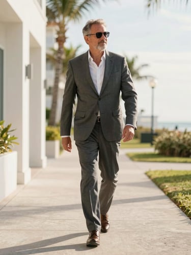 A mature professional walking along a sunlit coastal path in Florida, bright morning sunlight, soft natural tones, shallow depth of field.